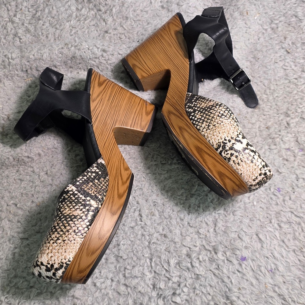 Pierre Dumas Platform Clogs Snakeskin Faux Wood Ankle Strap Women  8 Excellent
